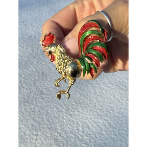 Red and Green Enamel Rooster Vintage Pin Signed Gerry's Brooch 1.5” Tall